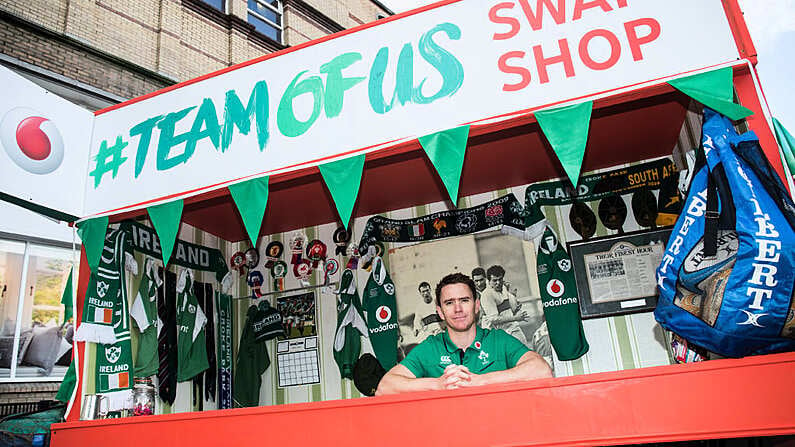 REPRO FREE***PRESS RELEASE NO REPRODUCTION FEE*** Launch of the Vodafone #TeamOfUs Shirt Swap, Dublin 13/10/2016 Donncha O'Callaghan and Eoin Reddan were on hand to launch the Vodafone #TeamOfUs Shirt Swap in Dublin City Centre today. From Saturday, 15th October Vodafone customers can swap their old Irish rugby jerseys to get 50% off the brand new Ireland home jersey by simply dropping off their old jersey at any Vodafone store nationwide. Numbers are limited, so fans are encouraged to act fast to avoid disappointment. Pictured today Eoin Reddan gives out the new Vodafone Ireland rugby jersey. Mandatory Credit INPHO/Dan Sheridan