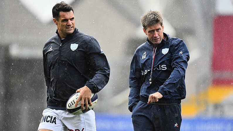 21 October 2017; Dan Carter of Racing 92, left, and Racing 92 defence coach Ronan O'Gara prior to the European Rugby Champions Cup Pool 4 Round 2 match between Munster and Racing 92 at Thomond Park in Limerick. Photo by Brendan Moran/Sportsfile