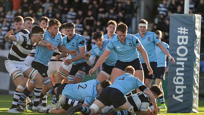 7 March 2018; Mateusz Galinski of Belvedere College scores his side's second try during the Bank of Ireland Leinster Schools Senior Cup semi-final match between St. Michael's College and Belvedere College at Donnybrook Stadium in Dublin. Photo by Harry Murphy/Sportsfile