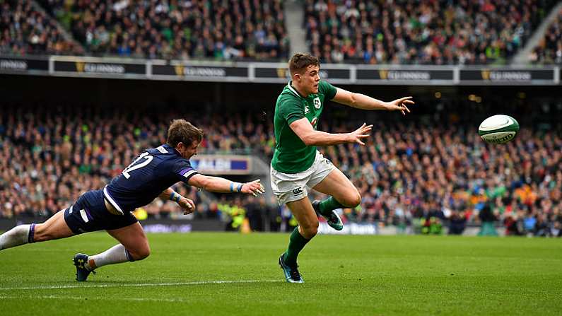 10 March 2018; Garry Ringrose of Ireland beats the tackle of Pete Horne of Scotland to pass to team-mate Jacob Stockdale for him to score their side's second try during the NatWest Six Nations Rugby Championship match between Ireland and Scotland at the Aviva Stadium in Dublin. Photo by Brendan Moran/Sportsfile