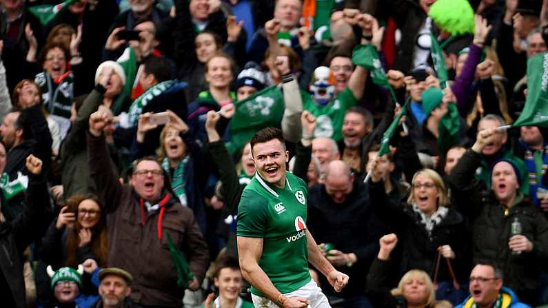 10 March 2018; Jacob Stockdale of Ireland celebrates after scoring his side's second try during the NatWest Six Nations Rugby Championship match between Ireland and Scotland at the Aviva Stadium in Dublin. Photo by Ramsey Cardy/Sportsfile