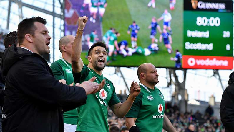 10 March 2018; Conor Murray of Ireland reacts while wathcing the final moments of the NatWest Six Nations Rugby Championship match between Ireland and Scotland at the Aviva Stadium in Dublin. Photo by Brendan Moran/Sportsfile