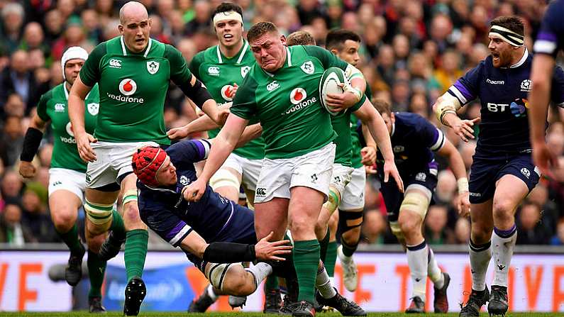 10 March 2018; Tadhg Furlong of Ireland is tackled by Grant Gilchrist of Scotland during the NatWest Six Nations Rugby Championship match between Ireland and Scotland at the Aviva Stadium in Dublin. Photo by Brendan Moran/Sportsfile