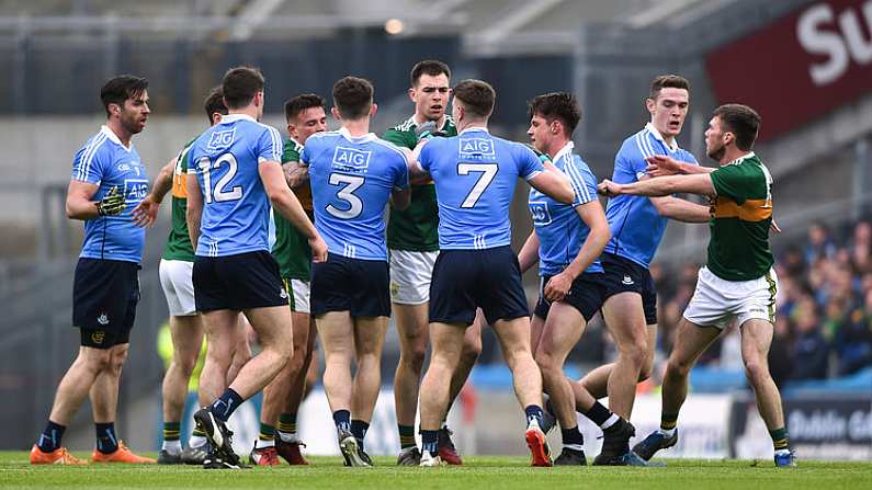 11 March 2018; Players from both side's tussle during the Allianz Football League Division 1 Round 5 match between Dublin and Kerry at Croke Park in Dublin. Photo by David Fitzgerald/Sportsfile