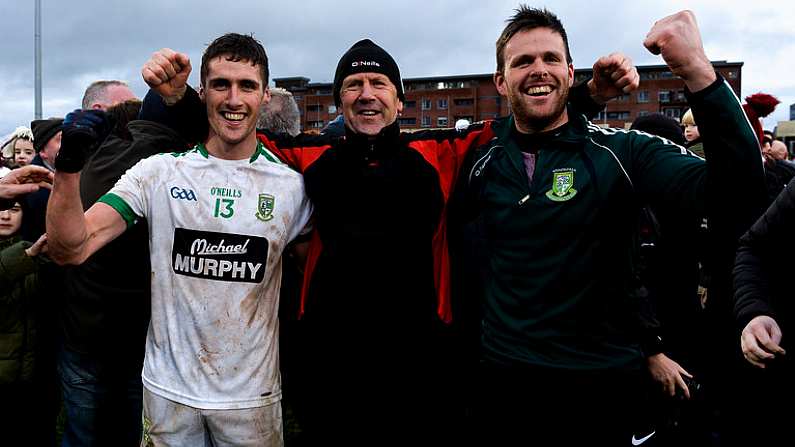 17 December 2017; Moorefield selector Jack O'Connor celebrates with his sons Eanna, left, and Cian after the AIB Leinster GAA Football Senior Club Championship Final match between Moorefield and St Loman's at O'Moore Park in Portlaoise, Co Laois. Photo by Piaras O Midheach/Sportsfile