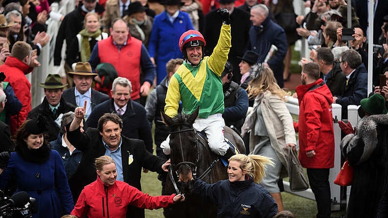 17 March 2017; Robbie Power celebrates as he enters the winner's enclosure after winning the Timico Cheltenham Gold Cup Steeple Chase on Sizing John during the Cheltenham Racing Festival at Prestbury Park in Cheltenham, England. Photo by Cody Glenn/Sportsfile