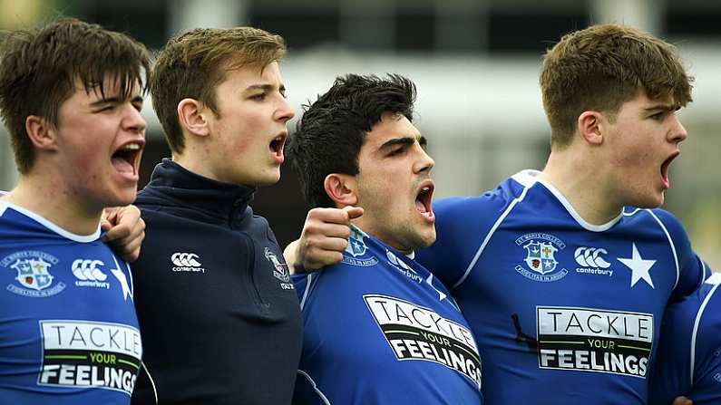 6 March 2018; St Mary's College players, left to right, Elliot Massey, Jack Grant, Harry McSweeney, and Gavin O'Brien sing their school anthem after the Bank of Ireland Leinster Schools Senior Cup Semi-Final match between St Mary's College and Blackrock College at Donnybrook Stadium in Dublin. Photo by Daire Brennan/Sportsfile