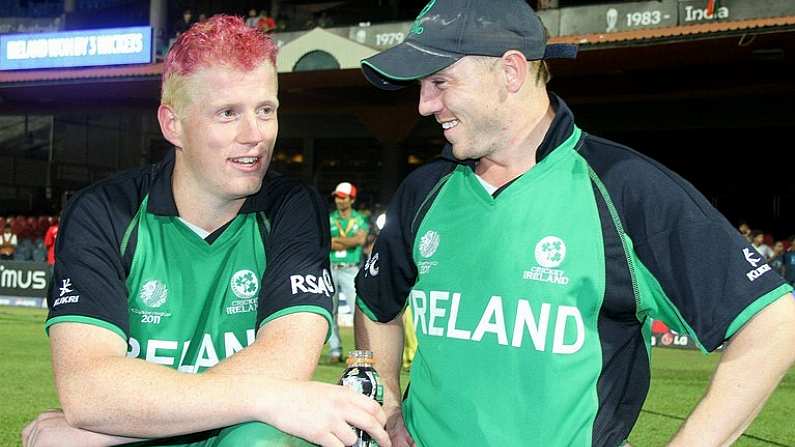 2 March 2011; Ireland's Kevin O'Brien, left, who hit the quickest hundred in World Cup history, celebrates with team-mate Niall O'Brien after their side's victory over England. 2011 ICC Cricket World Cup, hosted by India, Sri Lanka and Bangladesh, Bangalore, India. Picture credit: Barry Chambers / Cricket Ireland / SPORTSFILE