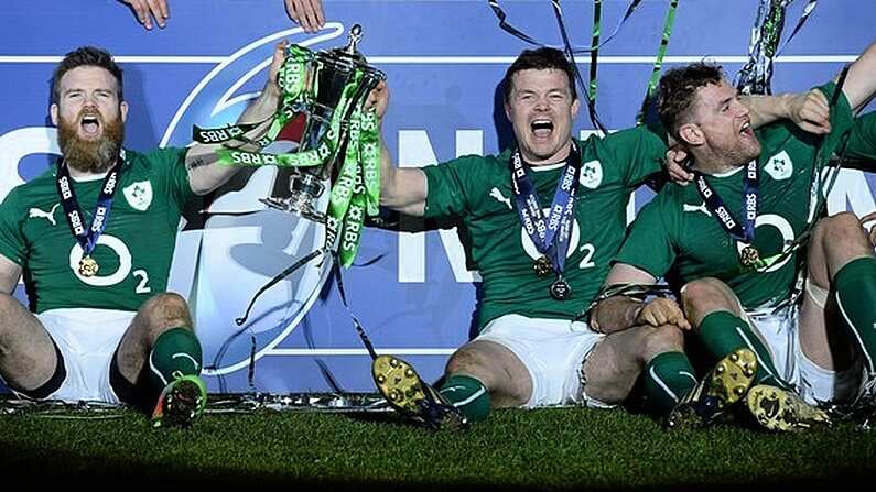 15 March 2014; Ireland's Gordon D'Arcy, Brian O'Driscoll, Jamie Heaslip and Dave Kearney celebrate the with RBS Six Nations Rugby Championship 2014 trophy. RBS Six Nations Rugby Championship 2014, France v Ireland, Stade De France, Saint Denis, Paris, France. Picture credit: Matt Browne / SPORTSFILE