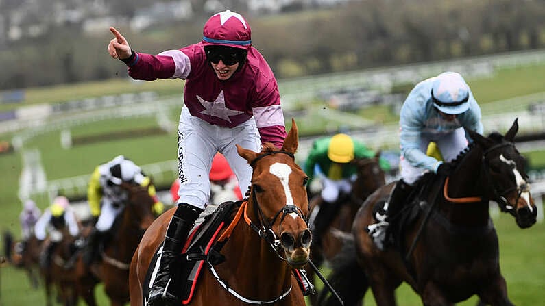 14 March 2018; Jockey Jack Kennedy celebrates winning the Ballymore Novices Hurdle on Samcro on Day Two of the Cheltenham Racing Festival at Prestbury Park in Cheltenham, England. Photo by Ramsey Cardy/Sportsfile