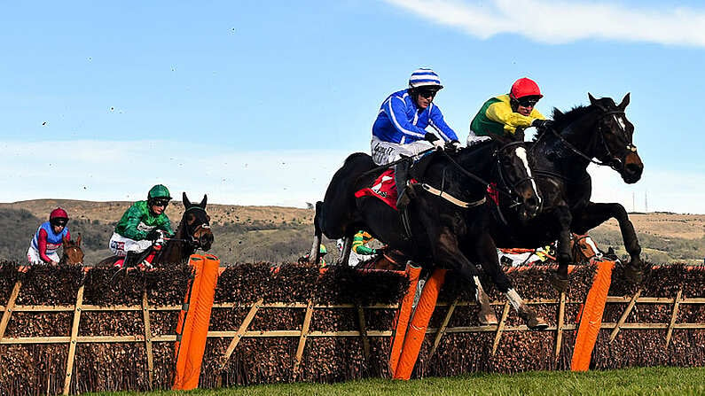 15 March 2018; Penhill, left, with Paul Townend up, jumps the last alongside Supasundae, with Robbie Power up, who finished second, on their way to winning the Sun Bets Stayers' Hurdle on Day Three of the Cheltenham Racing Festival at Prestbury Park in Cheltenham, England. Photo by Ramsey Cardy/Sportsfile