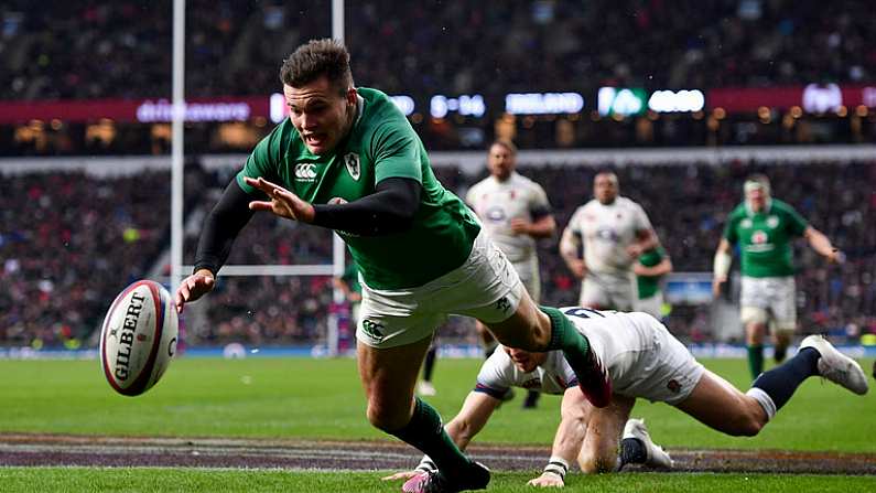 17 March 2018; Jacob Stockdale of Ireland dives over to score his side's third try during the NatWest Six Nations Rugby Championship match between England and Ireland at Twickenham Stadium in London, England. Photo by Ramsey Cardy/Sportsfile