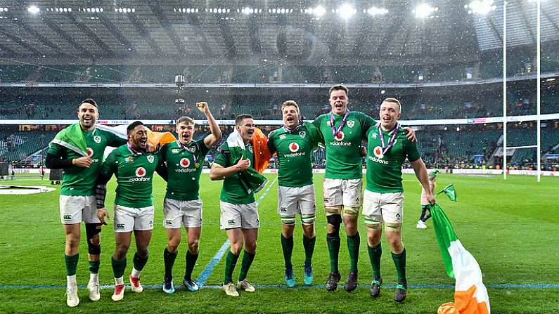 17 March 2018; Ireland players, from left, Conor Murray, Bundee Aki, Garry Ringrose, Jonathan Sexton, Jordi Murphy, James Ryan and Dan Leavy of Ireland of Ireland celebrate after the NatWest Six Nations Rugby Championship match between England and Ireland at Twickenham Stadium in London, England. Photo by Brendan Moran/Sportsfile