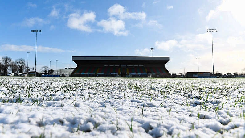 11 February 2018; A general view of snow on the pitch in Grattan Park prior to the Allianz Football League Division 1 Round 3 match between Monaghan and Kerry at Pairc Grattan in Inniskeen, Monaghan. Photo by Brendan Moran/Sportsfile