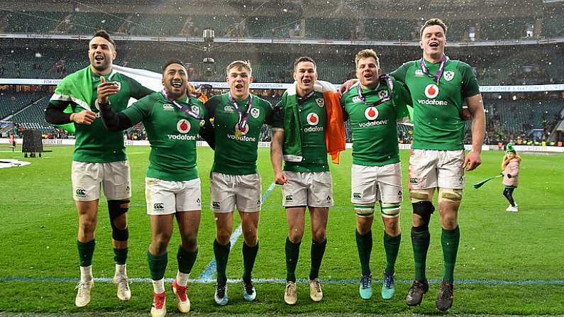 17 March 2018; Ireland players, from left, Conor Murray, Bundee Aki, Garry Ringrose, Jonathan Sexton, Jordi Murphy, and James Ryan celebrate after the NatWest Six Nations Rugby Championship match between England and Ireland at Twickenham Stadium in London, England. Photo by Brendan Moran/Sportsfile