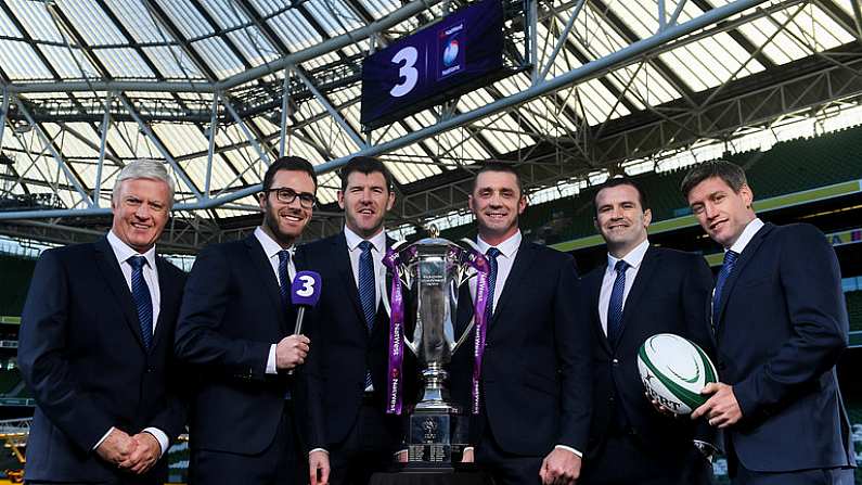 8 December 2017; TV3 announced it's presentation team and panel for it's coverage of the NatWest Six Nations 2018. The presentation team will be anchored by Joe Molloy. TV3s panellists will include Ronan OGara, Shane Horgan, Shane Jennings and Matt Williams. Alan Quinlan will join Dave McIntyre as part of the commentary team. TV3 holds the exclusive rights to the NatWest Six Nations for the next four years. At a launch event held in the Aviva Stadium when TV3 introduced the presentation team and panel for its exclusive coverage of the NatWest Six Nations 2018, are from left, Matt Williams, presenter Joe Molloy, Shane Horgan, Alan Quinlan, Shane Jennings and Ronan O'Gara. Photo by Brendan Moran/Sportsfile