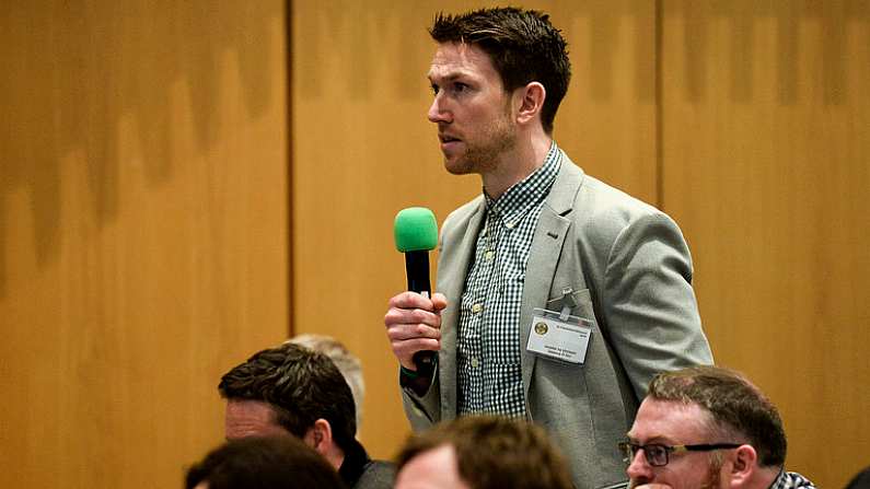 24 February 2018; Seamus Hickey, Chairman of the Gaelic Players Association, speaking during the GAA Annual Congress 2018 at Croke Park in Dublin. Photo by Piaras O Midheach/Sportsfile