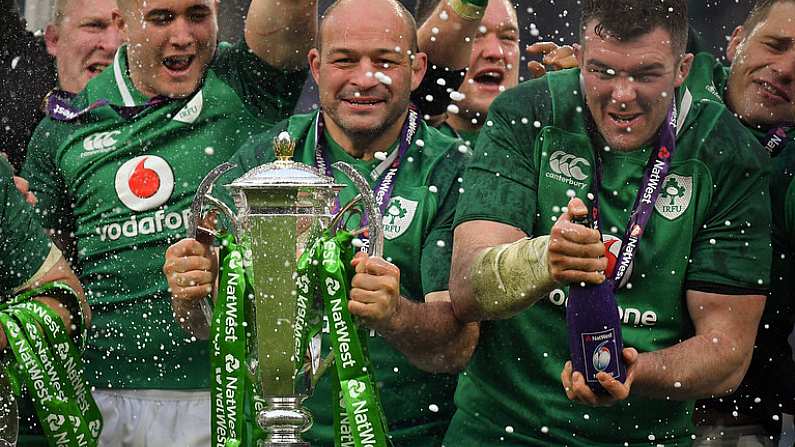 17 March 2018; Ireland captain Rory Best and vice captain Peter O'Mahony, right, celebrate with the trophy after the NatWest Six Nations Rugby Championship match between England and Ireland at Twickenham Stadium in London, England. Photo by Brendan Moran/Sportsfile