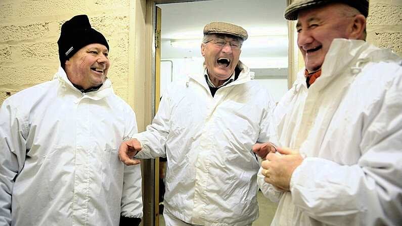 3 February 2008; Umpire's, from left, Matt Flynn, John Tyrrell, and Paddy Shiggins share a joke before the match. Antrim v Offaly, Walsh Cup Final, Casement Park, Belfast, Co. Antrim. Picture credit; Brian Lawless / SPORTSFILE