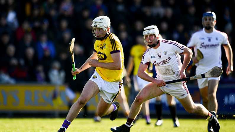 24 March 2018; Rory O'Connor of Wexford in action against Jack Coyne of Galway during the Allianz Hurling League Division 1 quarter-final match between Wexford and Galway at Innovate Wexford Park in Wexford. Photo by Sam Barnes/Sportsfile