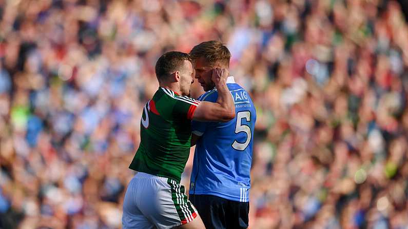 17 September 2017; Andy Moran of Mayo tussles with Jonny Cooper of Dublin during the GAA Football All-Ireland Senior Championship Final match between Dublin and Mayo at Croke Park in Dublin. Photo by Stephen McCarthy/Sportsfile