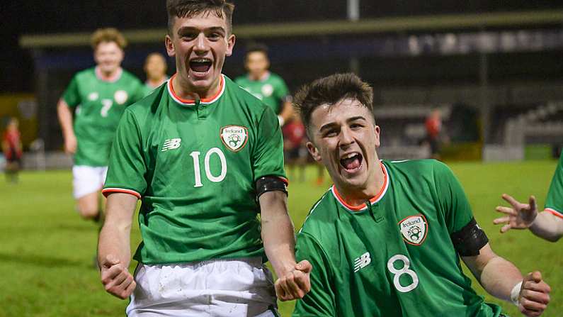 13 February 2018; Troy Parrott of Republic of Ireland, left, celebrates with team-mate Barry Coffey after scoring his side's equalising goal during the Under 17 International Friendly match between the Republic of Ireland and Turkey at Eamonn Deacy Park in Galway. Photo by Diarmuid Greene/Sportsfile