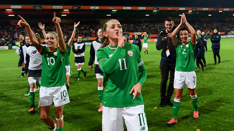 28 November 2017; Katie McCabe and her Republic of Ireland team-mates following the 2019 FIFA Women's World Cup Qualifier match between Netherlands and Republic of Ireland at Stadion de Goffert in Nijmegen, Netherlands. Photo by Stephen McCarthy/Sportsfile