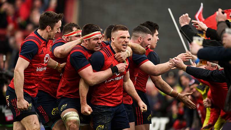 31 March 2018; Andrew Conway of Munster celebrates with team-mates Darren Sweetnam, James Cronin, Billy Holland, Sammy Arnold, and Alex Wootton after scoring his side's second try during the European Rugby Champions Cup quarter-final match between Munster and RC Toulon at Thomond Park in Limerick. Photo by Diarmuid Greene/Sportsfile