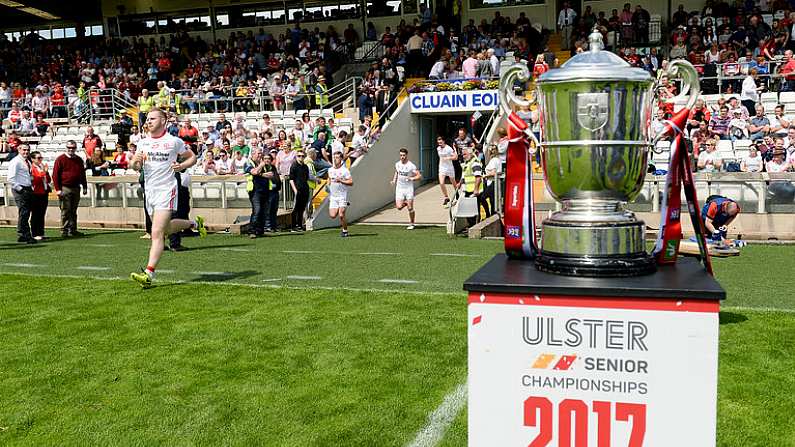 16 July 2017; The Tyrone players take the field before the Ulster GAA Football Senior Championship Final match between Tyrone and Down at St Tiernach's Park in Clones, Co. Monaghan. Photo by Oliver McVeigh/Sportsfile