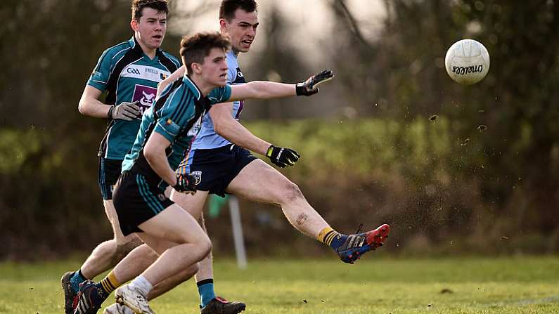 23 January 2018; Jack Barry of University College Dublin shoots to scores his side's second goal during the Electric Ireland HE GAA Sigerson Cup Round 1 match between Maynooth University and University College Dublin at Maynooth University North Campus in Maynooth, Kildare. Photo by Seb Daly/Sportsfile