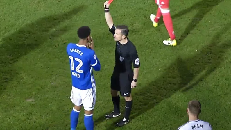 Watch: Misery For Mick McCarthy As Jordan Spence Sent Off For Flying Knee Drop