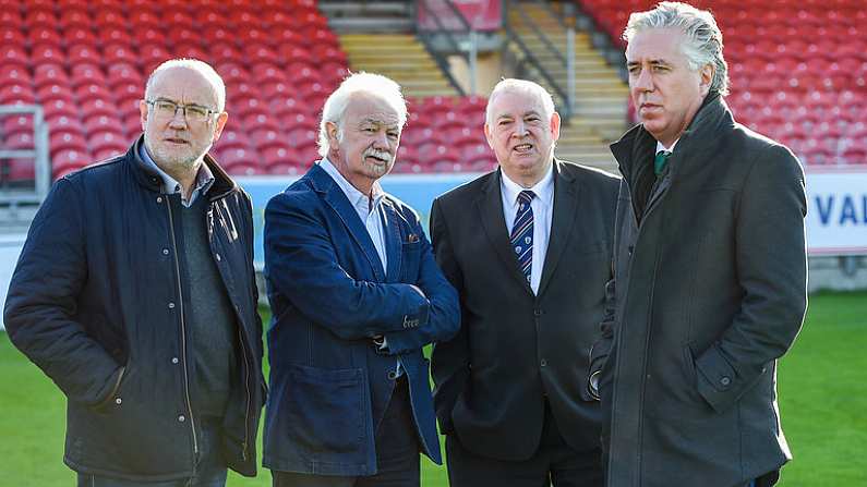 17 October 2017; FAI CEO John Delaney, right, with, from left, FAI Competition Director Fran Gavin, Cork City FC Chairman Pat Lyons and FAI President Tony Fitzgerald during a visit to Turners Cross to survey the ground's safety ahead of the SSE Airtricity League Premier Division match between Cork City and Derry City. Photo by Eoin Noonan/Sportsfile