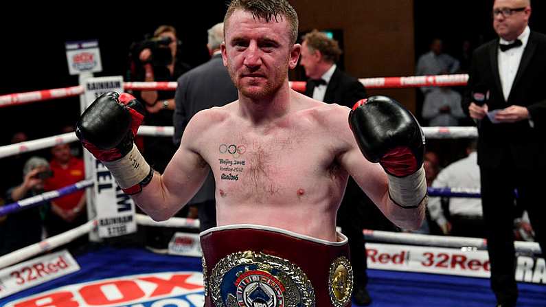 17 June 2017; Paddy Barnes celebrates after defeating Silvio Olteanu during their WBO European flyweight title bout at the Battle of Belfast Fight Night at the Waterfront Hall in Belfast. Photo by Ramsey Cardy/Sportsfile