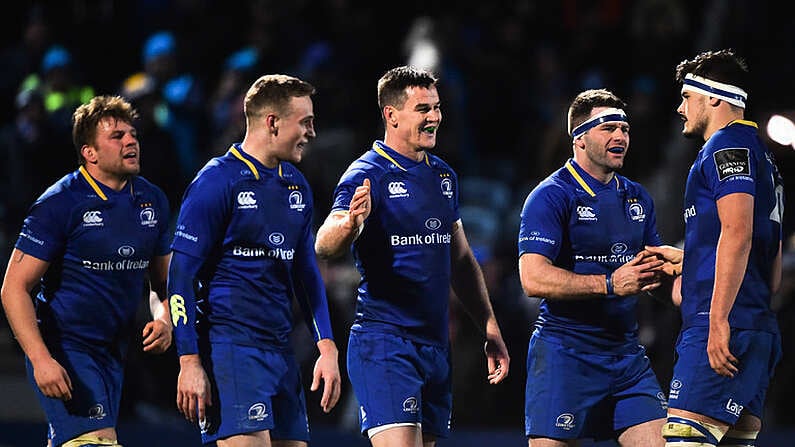 6 January 2018; Jonathan Sexton of Leinster, centre, celebrates after scoring his side's sixth try with team mates during the Guinness PRO14 Round 13 match between Leinster and Ulster at the RDS Arena in Dublin. Photo by David Fitzgerald/Sportsfile