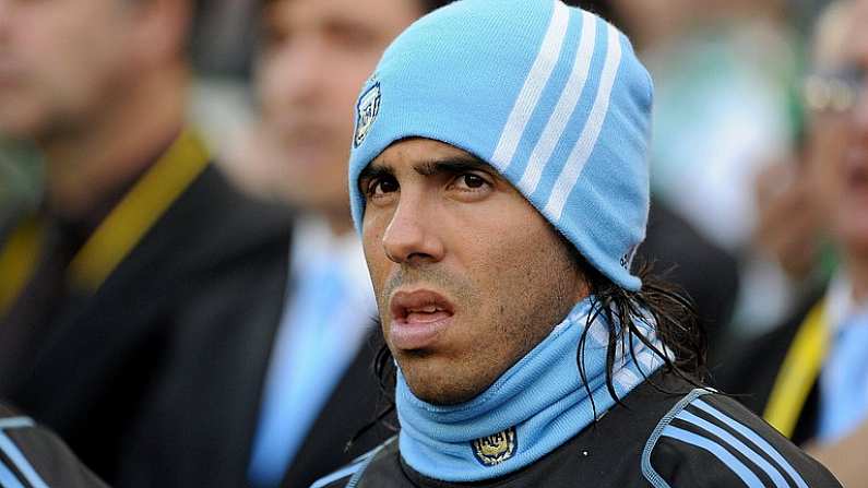 11 August 2010; Argentina's Carlos Tevez sits in the stand before the game. International Friendly, Republic of Ireland v Argentina, Aviva Stadium, Lansdowne Road, Dublin. Picture credit: Brendan Moran / SPORTSFILE