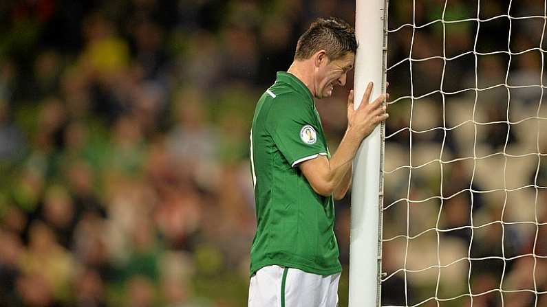 15 October 2013; Robbie Keane, Republic of Ireland, reacts after a missed opportunity. 2014 FIFA World Cup Qualifier, Group C, Republic of Ireland v Kazakhstan, Aviva Stadium, Lansdowne Road, Dublin. Picture credit: Brendan Moran / SPORTSFILE