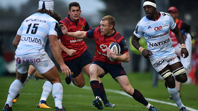 21 October 2017; Keith Earls of Munster in action against Pat Lambie, Maxime Machenaud, and Yannick Nyanga of Racing 92 during the European Rugby Champions Cup Pool 4 Round 2 match between Munster and Racing 92 at Thomond Park in Limerick. Photo by Diarmuid Greene/Sportsfile