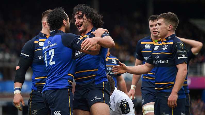 14 January 2018; James Lowe of Leinster celebrates with team-mate Isa Nacewa, left, after scoring his side's seventh try during the European Rugby Champions Cup Pool 3 Round 5 match between Leinster and Glasgow Warriors at the RDS Arena in Dublin. Photo by Ramsey Cardy/Sportsfile