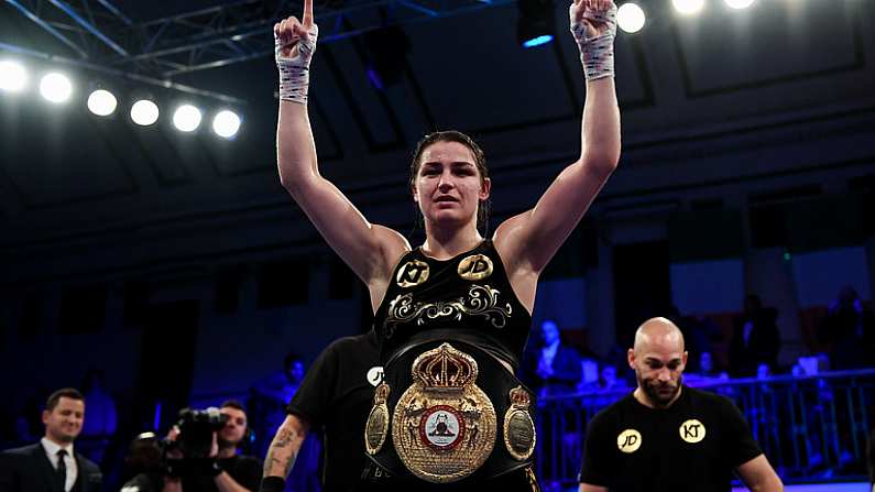 13 December 2017; Katie Taylor celebrates after her WBA Lightweight World Title fight against Jessica McCaskill at York Hall in London, England. Photo by Stephen McCarthy/Sportsfile