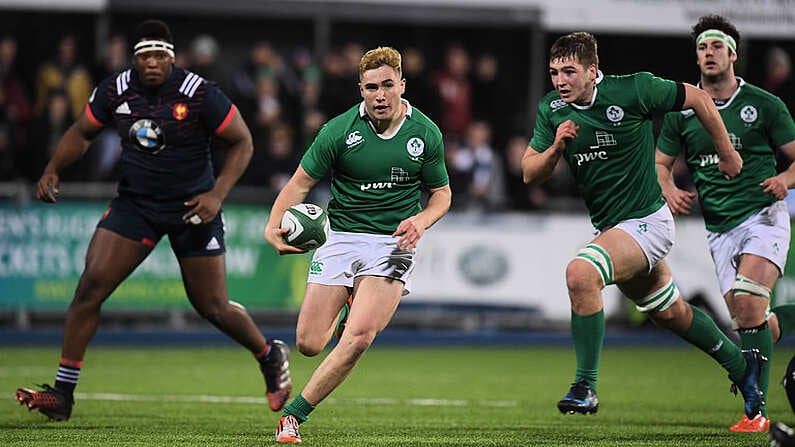 24 February 2017; Jordan Larmour of Ireland makes a break through the French defence during the RBS U20 Six Nations Rugby Championship match between Ireland and France at Donnybrook Stadium, in Donnybrook, Dublin. Photo by Brendan Moran/Sportsfile