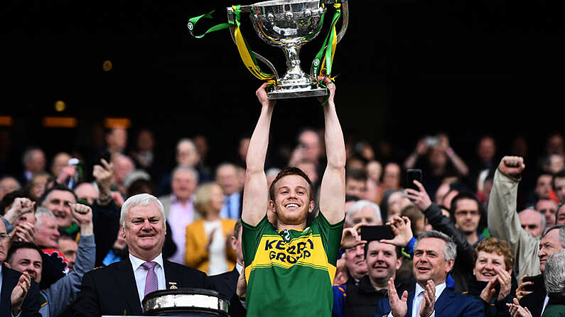 9 April 2017; Kerry captain Fionn Fitzgerald lifts the Division 1 cup following their victory in the Allianz Football League Division 1 Final between Dublin and Kerry at Croke Park in Dublin. Photo by Ramsey Cardy/Sportsfile