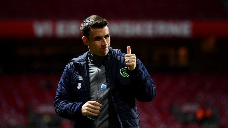 11 November 2017; Republic of Ireland's Seamus Coleman acknowledges supporters ahead of the FIFA 2018 World Cup Qualifier Play-off 1st Leg match between Denmark and Republic of Ireland at Parken Stadium in Copenhagen, Denmark. Photo by Ramsey Cardy/Sportsfile