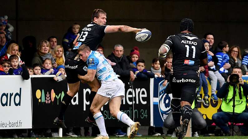 20 January 2018; Frans Steyn of Montpellier supported by Nemani Nadolo is tackled by Jordan Larmour of Leinster during the European Rugby Champions Cup Pool 3 Round 6 match between Montpellier and Leinster at the Altrad Stadium in Montpellier, France. Photo by Ramsey Cardy/Sportsfile