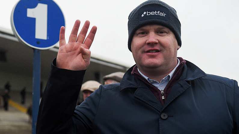 26 November 2017; Trainer Gordon Elliott celebrates after sending out Mala Beach and Davy Russell to win the Ladbrokes Troytown Handicap Steeplechase, his fourth consecutive time to win the Troytown at Navan Racecourse in Navan, Co Meath. Photo by Cody Glenn/Sportsfile