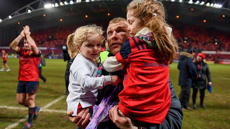 21 January 2018; Keith Earls of Munster with his daughters Laurie, left, and Ella May following the European Rugby Champions Cup Pool 4 Round 6 match between Munster and Castres at Thomond Park in Limerick. Photo by Stephen McCarthy/Sportsfile