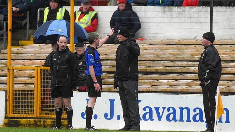 20 January 2018; Kilkenny manager Brian Cody is sent to the stand by referee John O'Brien during the Bord na Mona Walsh Cup Final match between Kilkenny and Wexford at Nowlan Park in Kilkenny. Photo by Matt Browne/Sportsfile