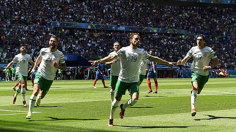 26 June 2016; Robbie Brady of Republic of Ireland celebrates after scoring his side's first goal of the game from the penalty spot during the UEFA Euro 2016 Round of 16 match between France and Republic of Ireland at Stade des Lumieres in Lyon, France. Photo by David Maher/Sportsfile