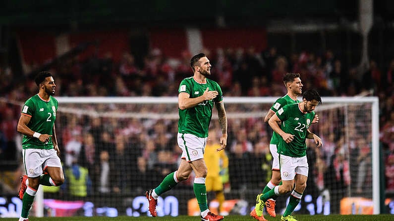 14 November 2017; Shane Duffy of Republic of Ireland celebrates after scoring his side's first goal during the FIFA 2018 World Cup Qualifier Play-off 2nd leg match between Republic of Ireland and Denmark at Aviva Stadium in Dublin. Photo by Ramsey Cardy/Sportsfile