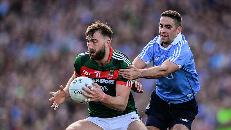 17 September 2017; Aidan O'Shea of Mayo in action against James McCarthy of Dublin during the GAA Football All-Ireland Senior Championship Final match between Dublin and Mayo at Croke Park in Dublin. Photo by Sam Barnes/Sportsfile