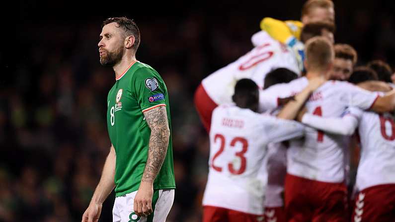 14 November 2017; Daryl Murphy of Republic of Ireland reacts following the FIFA 2018 World Cup Qualifier Play-off 2nd leg match between Republic of Ireland and Denmark at Aviva Stadium in Dublin. Photo by Stephen McCarthy/Sportsfile